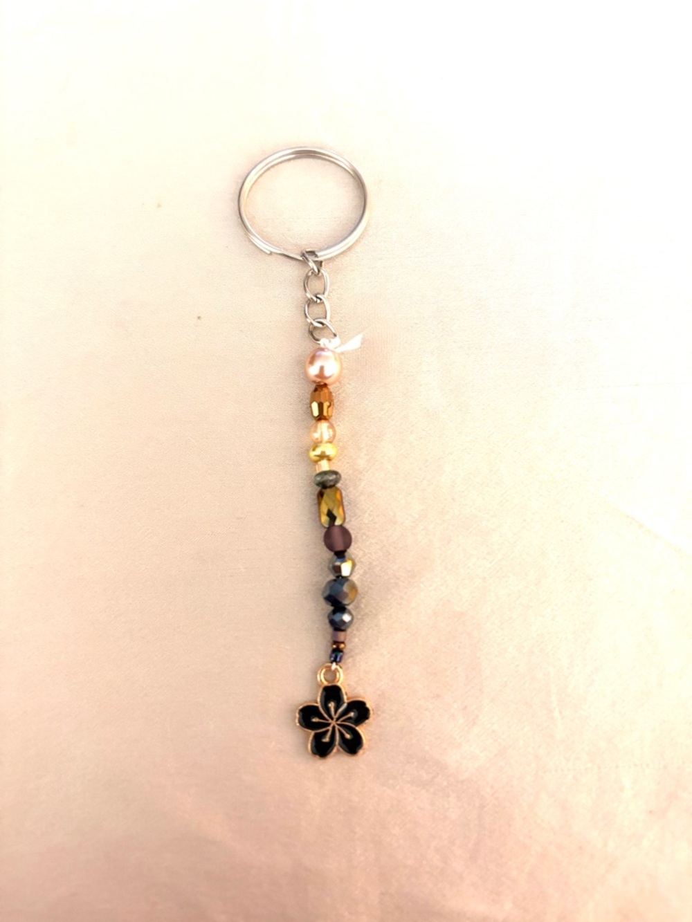 Handmade Beaded Flower Charm Keychain - Gold & Black. New.